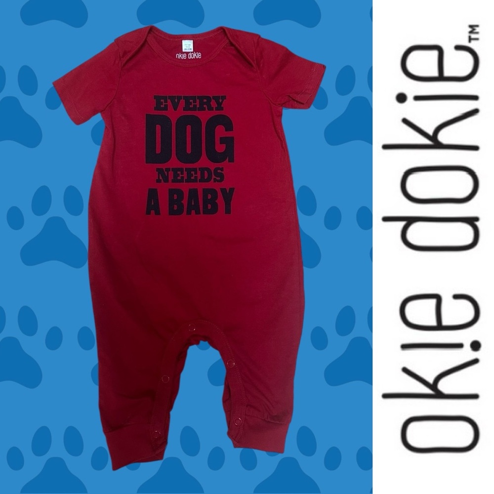 Okie Dokie Red “Every Dog‎ Needs a Baby” Romper, Size 6M, MSRP $10